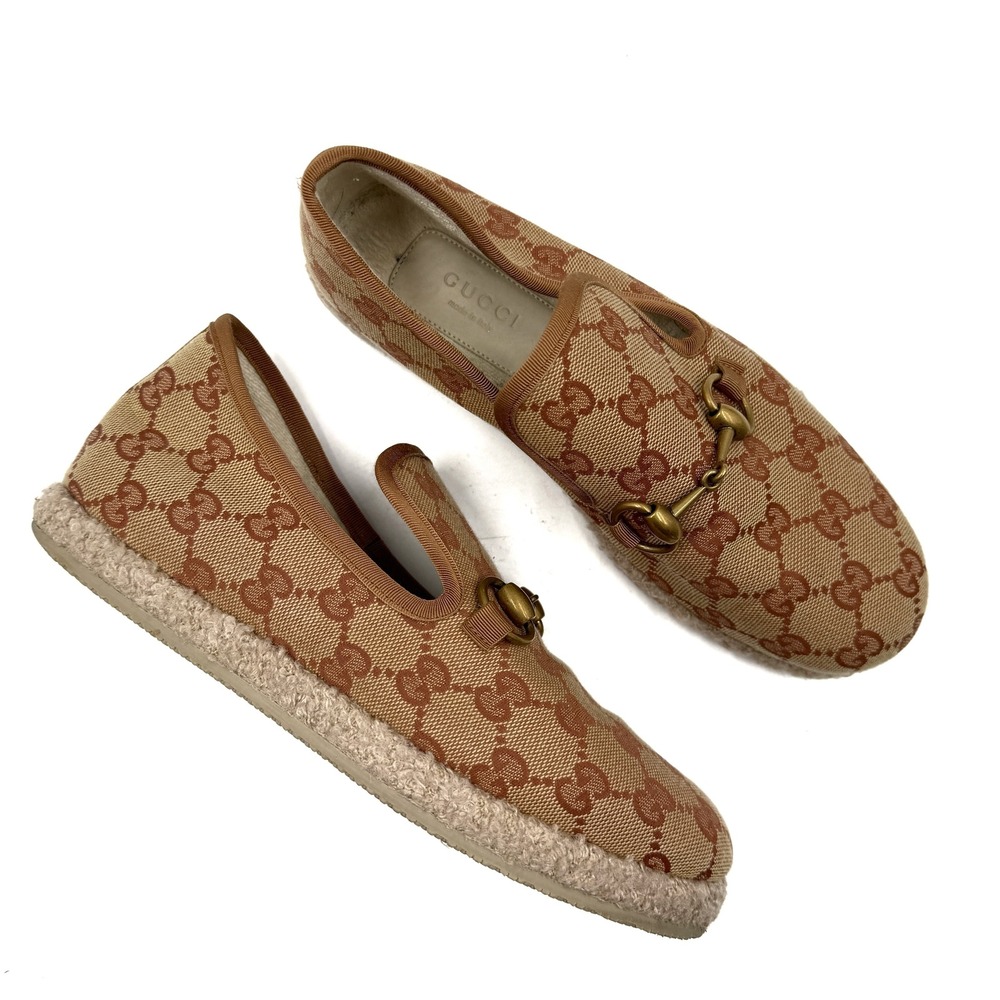 Gucci Fria Horsebit Loafers GG Canvas Beige Monogram Espadrille Women Sz 36 / 6